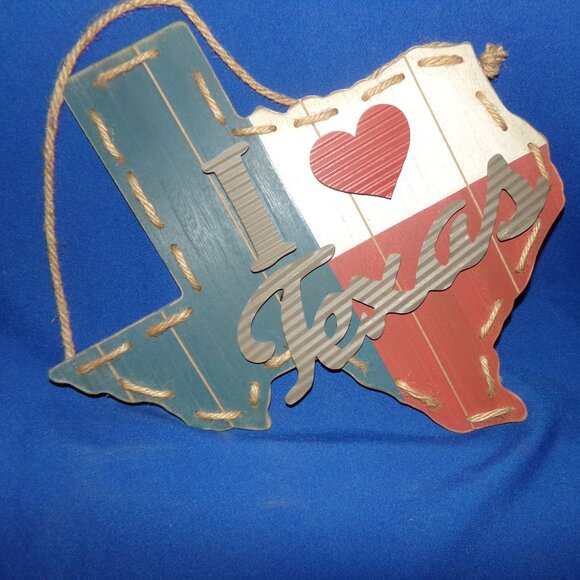 New! I Love Heart Texas Wall Hanging Decoration Sign-Particle Wood, Rope, Metal - Picture 2 of 6